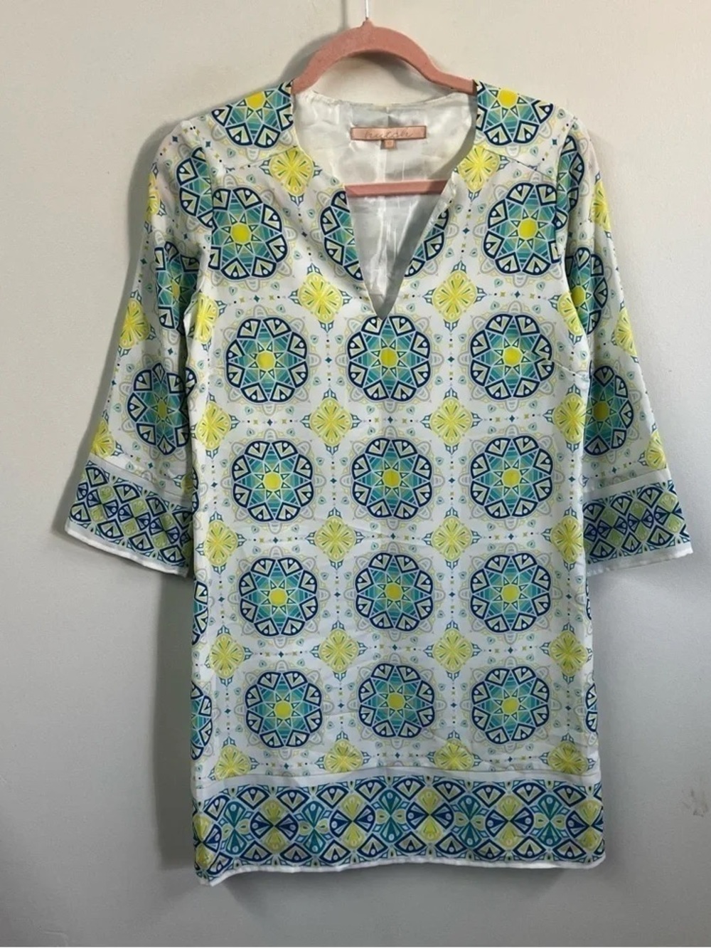 Anthropologie Hutch Geometric Blue and Yellow Long Sleeve Shift Dress Size S
